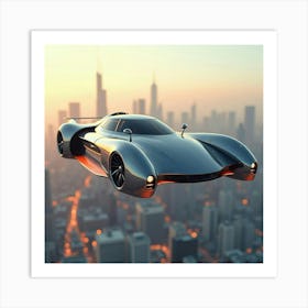 High Tech Flying Car With Chrome Edges, Hovering Through A Futuristic Skyline 1 Art Print