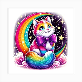 Rainbow Cat On The Moon With Stars Art Print