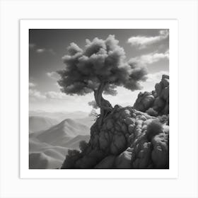 Single Tree On Top Of The Mountain Black And White Still Digital Art Perfect Composition Beautif (2) Art Print