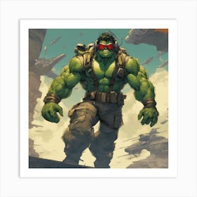 A Badass Anthropomorphic Fighter Pilot Hulk, Extremely Low Angle, Atompunk, 50s Fashion Style, Intri Art Print