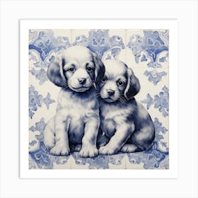 Puppies Dog Delft Tile Illustration 2 Art Print