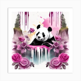 Panda Bear With Roses Watercolor Splash Dripping Art Print