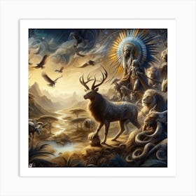 Eagles And Deer Art Print