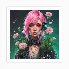 Cyberpunk girl with flowers Art Print