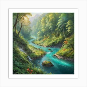 A stunning landscape painting featuring a crystal clear river winding through a lush forest, with vibrant colors and intricate details. Art Print