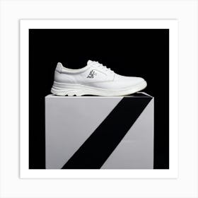 White Shoe With Elegant Design Strategically Positioned Off Center On A Bold Black Canvas Backgroun Art Print