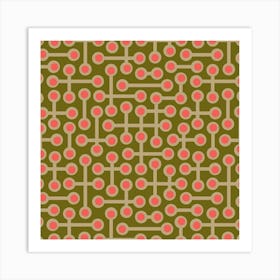 CIRCUITS Retro 1970s Mid Century Abstract Geometric Groovy Polka Dot in Vintage Pink and Beige on Olive Green Art Print