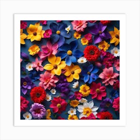 Colorful Flowers On Blue Background Art Print