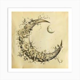 Crescent Moon Adorned With Delicate Floral Details Rendered In Sepia Tones On Textured Parchment Art Print