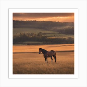 Horse In Field At Sunset Art Print