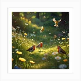 Robins In The Meadow Art Print