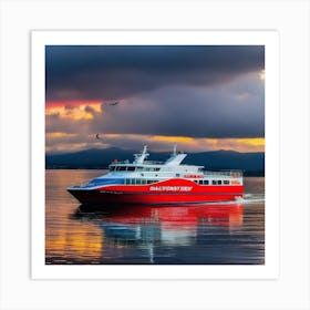 Red Ferry At Sunset Art Print