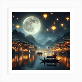 "Enchanting Night Scene: Traditional Chinese Boats on Moonlit Lake with Illuminated Village and Flying Lanterns. Art Print