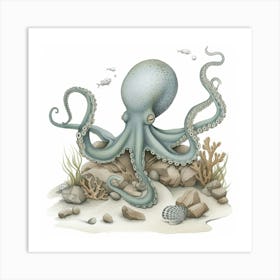 Sleepy Storybook Style Octopus On The Rocks 1 Art Print