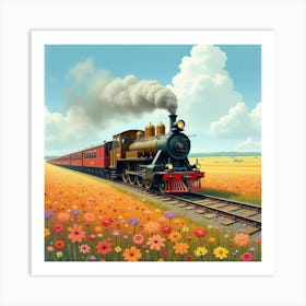 Charming Old Train Journey Through A Vibrant Watercolor Field Of Blooms 1 Art Print