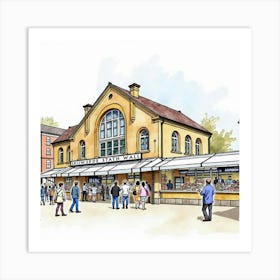 Watercolor Painting Of The Market Hall In Shrewsbury, Showcasing Its Historic Structure And Bustling Market Atmosphere Art Print