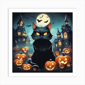 Halloween Cat With Pumpkins Art Print