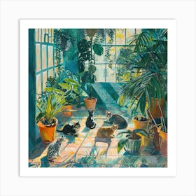 David Hockney Style. Cats in Sunlit Conservatory Series 3 Art Print