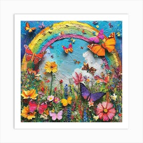 Kitsch Butterfly Collage With A Rainbow Art Print