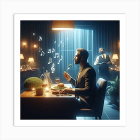 Man having dinner at restaurant With Music. Art Print