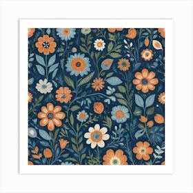 Folk Flowers Blue Art Print 1 Art Print