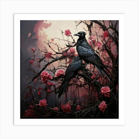 Firefly Dark, Atmospheric, Black Crows, Thorny Branches, Barren, Pink Roses, Striking Contrast, Goth (3) Art Print