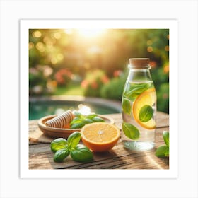 Water Bottle With Lemon And Mint Art Print
