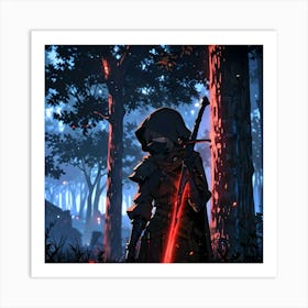 A swordsman in a forest, he has a red sword (1) Art Print