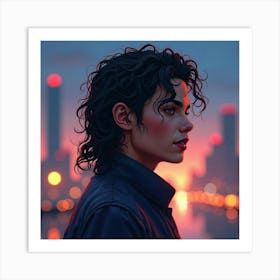 Michael Jackson With A Watercolor Glowing City Lights 1 Art Print