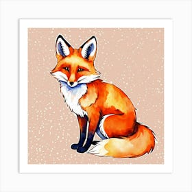 Orange Cute Watercolor Fox Art Print