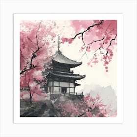 Japanese Temple Under Sakura Art Print