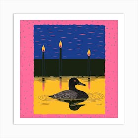 Duckling Linocut Style At Night 5 Art Print