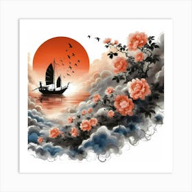 Abstract ink painting art of the boat returns carrying the setting sun with begonia flower Art Print