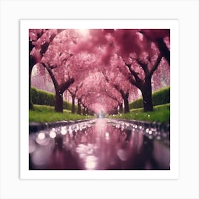 Sparkling Rain through the Pink Cherry Blossom Trees Art Print