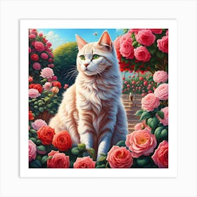 Purrfect Paradise: A Cat in the Rose Garden Art Print