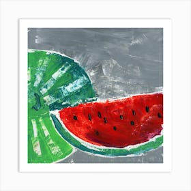 Watermelon - still life kitchen art painting square grey green red food Art Print