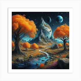 A Picture Of A Fall Landscape With Trees Mountain 3 Art Print