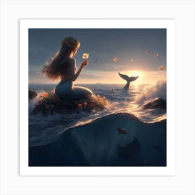 Mermaid watching sunrise Art Print