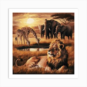 Lions And Giraffes Art Print