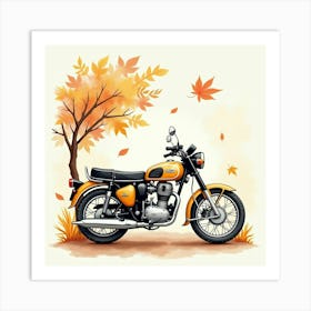 Retro Motorcycle With Autumn Leaves In Watercolor Painting 1 Art Print