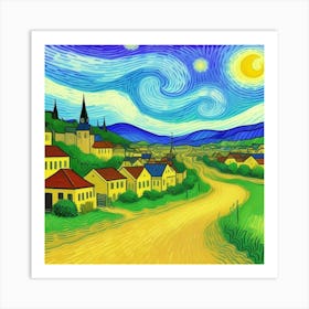 Echoes of the Countryside: A Village Scene Starry Night Art Print