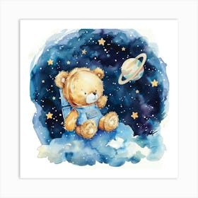 Watercolor Teddy Bear In Space Art Print