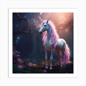 white unicorn with a long mane in a mystical fairytale forest, mountain dew, fantasy, mystical forest, fairytale, beautiful, purple pink and blue tones, dark yet enticing, Nikon Z8 1 Art Print