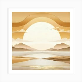 Sunset Over Water gold and beige Art Print