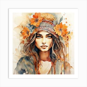 Watercolor Of A Girl With Flowers Art Print