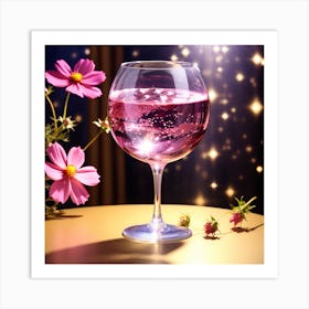 Glass Of Pink Wine With Flowers Art Print
