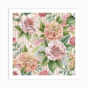 Watercolor Painting Of Pink Roses And Flowers On A Striped Background Art Print