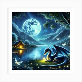 Serene Lake By Moonlight With A Friendly Dragon And Glowing Trees Art Print