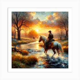 Cowboy Riding Across A Stream 7 Copy Art Print