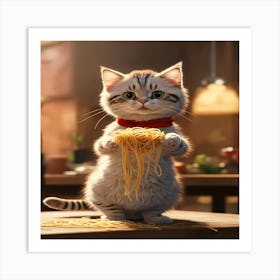 Cat With Spaghetti Art Print